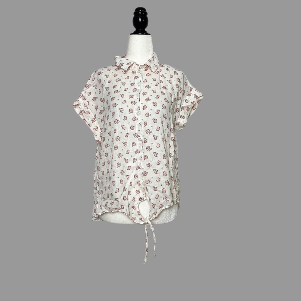 💜 S 💜 Floral Linen Top Tie Front Buttondown Print Short Sleeves Collar